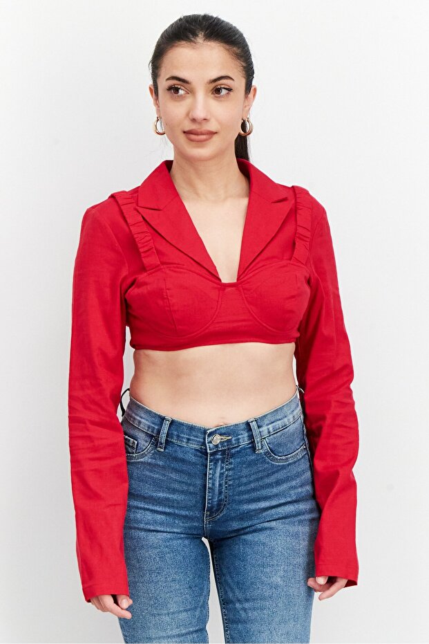 Women Notched Collar Long Sleeve Textured Crop Top, Red