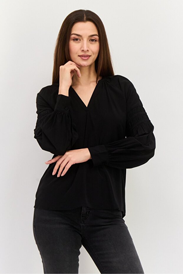 Women V-Neck Long Sleeves Plain Blouse, Black