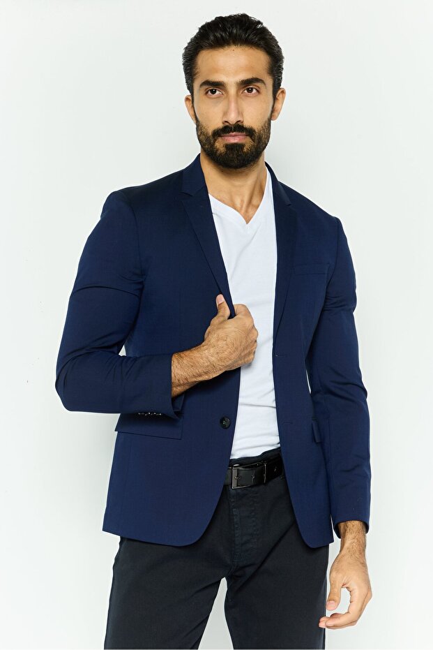 Men Fitted Solid Formal Blazer, Navy - 1