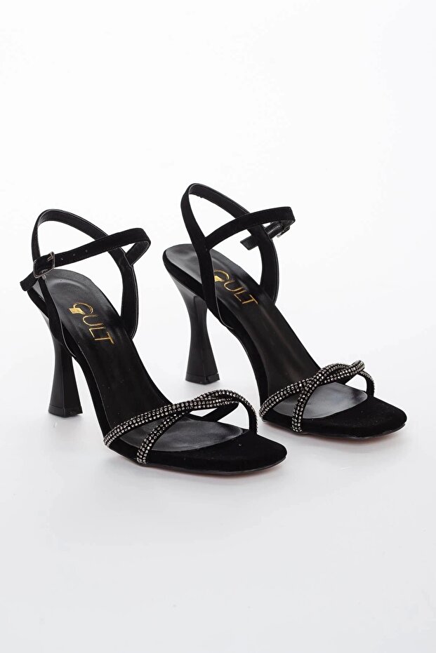 Women's Black Thin Heeled Summer Stone Embroidered Shoes Elegance