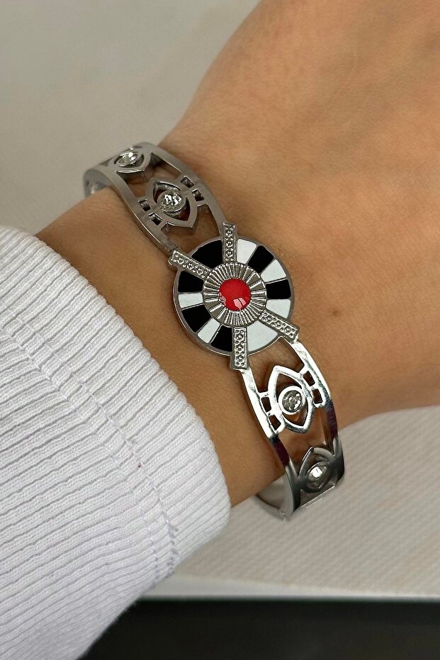 Silver Color Mixed Figured Stone Detailed Steel Handcuff Bracelet