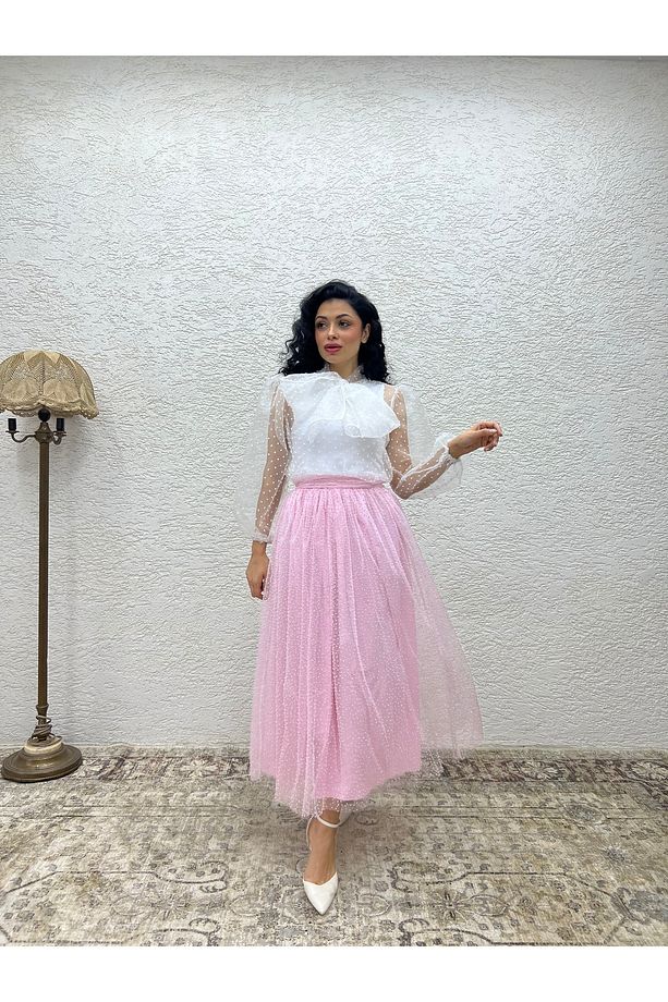 Pembe Tüllü Simli Etek - 3