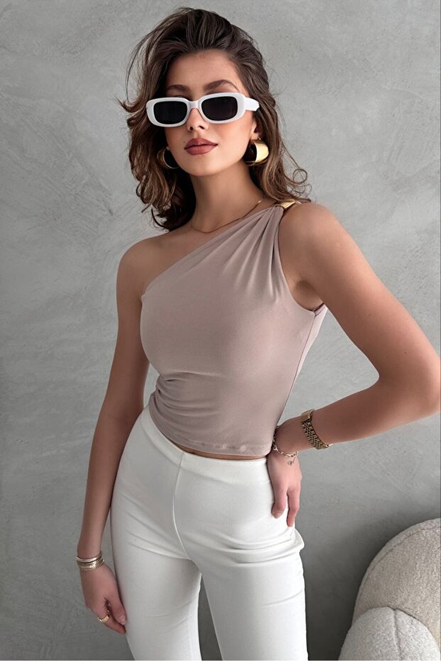 Tek Omuz Krem Crop Bluz - 1