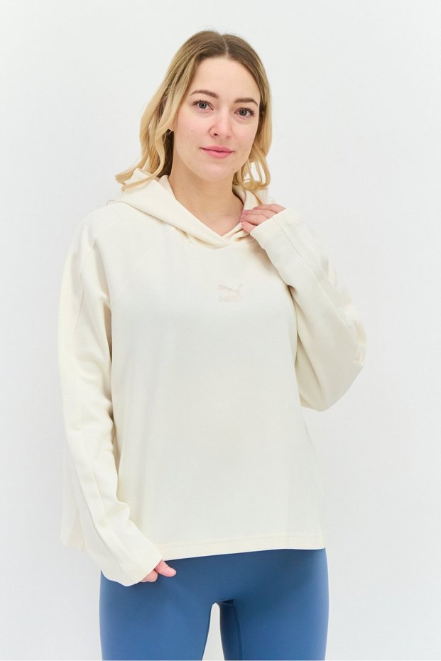Women Relaxed Fit Embroidered Logo Outdoor Hoodie, Cream