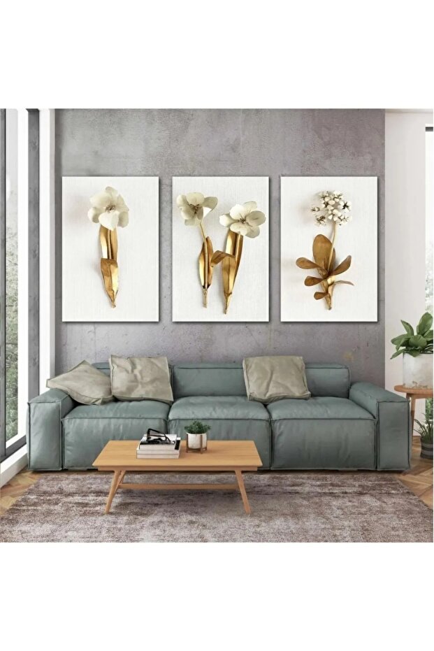 White Flowers with Gold Branches Modern Decor Triple Combination Set of 3 Canvas Painting