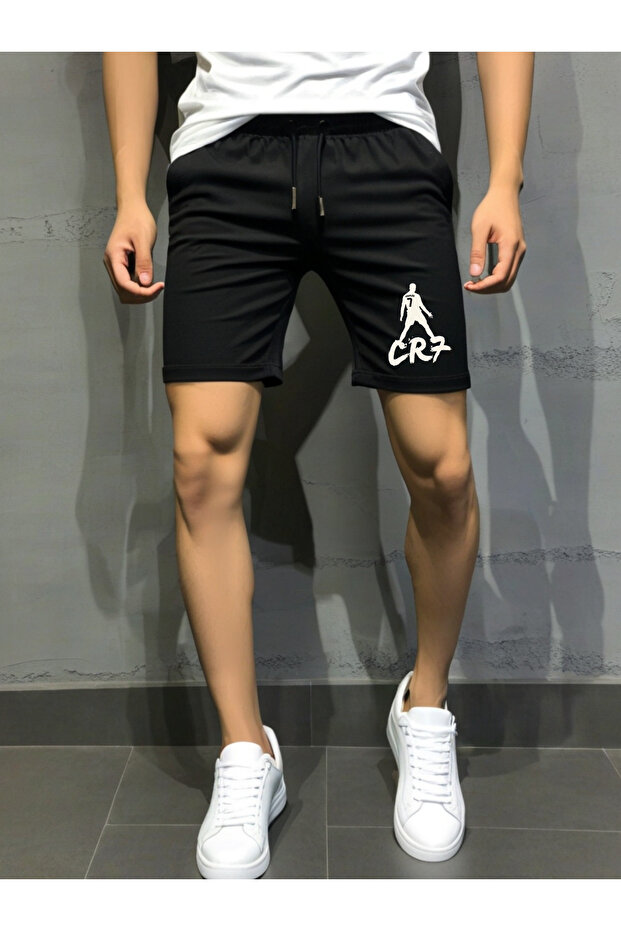 Men's Black Cr7 Design Slimfit Shorts