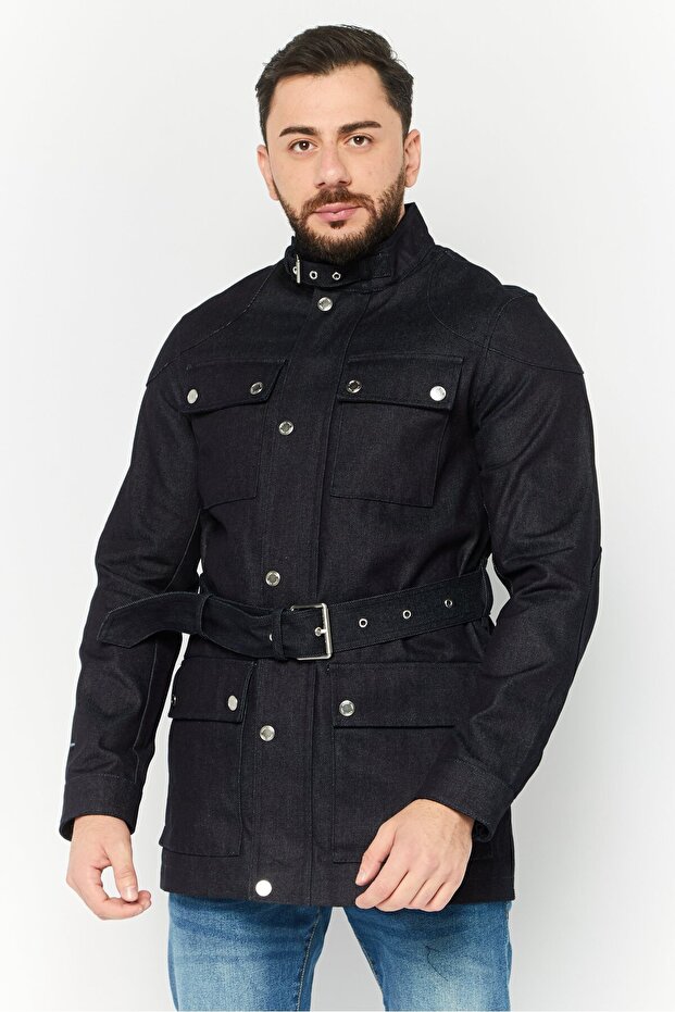 Men Solid Belted Denim Jacket, Dark Navy