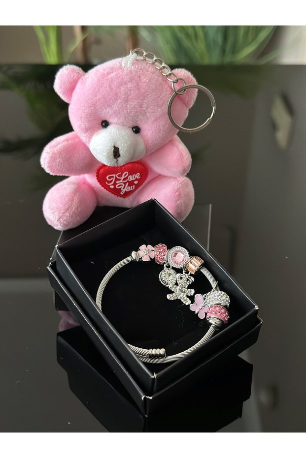 Special Plush Teddy Bear Keychain Steel Bracelet for Valentine's Day and Mother's Day Crown with Your Moment Gift