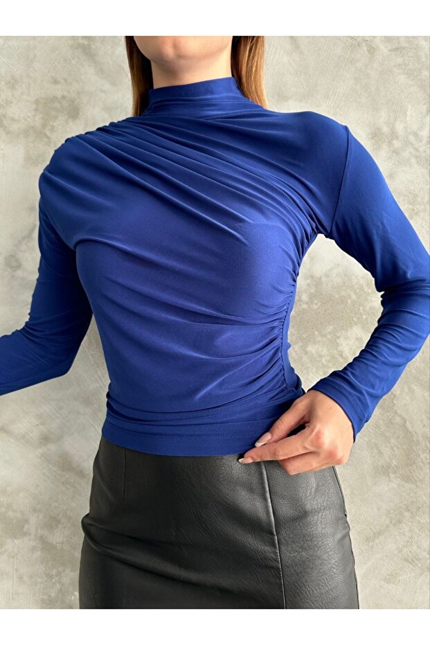 Drapeli Mavi Dik Yaka Bluz - 2