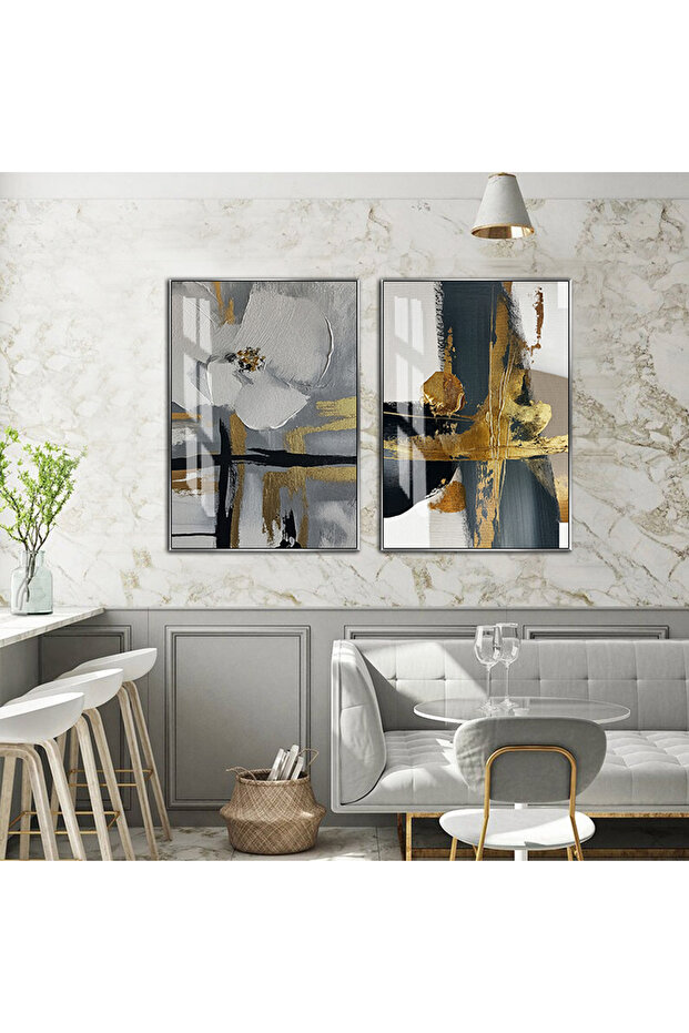 WONDROUS GRAY-GOLD COLOR ABSTRACT FLORAL PATTERNED COMBINATION 01 TEMPERED FRAMED GLASS TABLE 2-PIECE VERTICAL