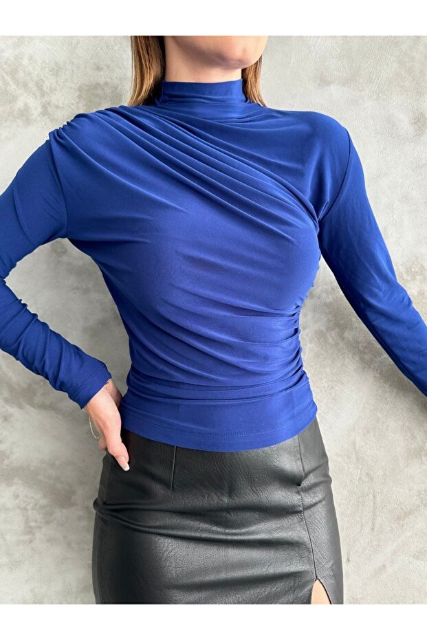 Drapeli Mavi Dik Yaka Bluz - 4