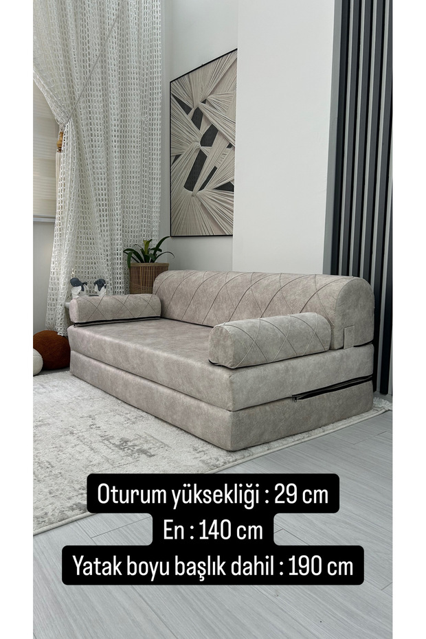 140x190 Oturum Yüksekliği 29 Cm Kollu Krem Çift Kiş.katlanır Yatak Koltuk En 140 Boy 190 Cm - 5