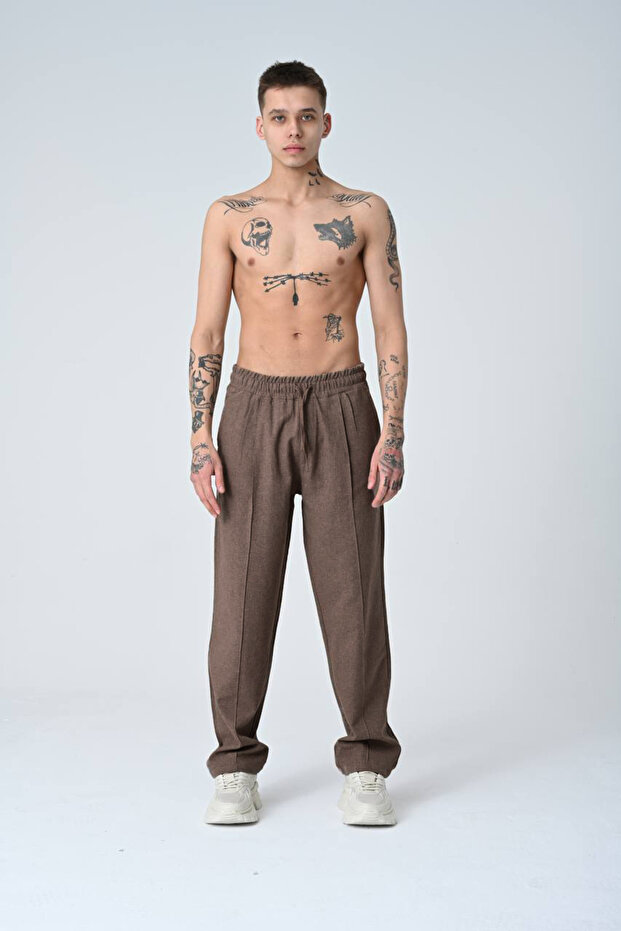 Bitter Brown Baggy Pleated Linen Trousers