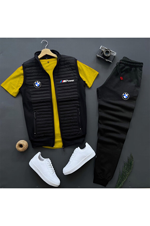Basic Bmw Mpower Printed Quilted Vest - Summer Sweatpants - T-Shirt 3-Piece Top and Bottom Set