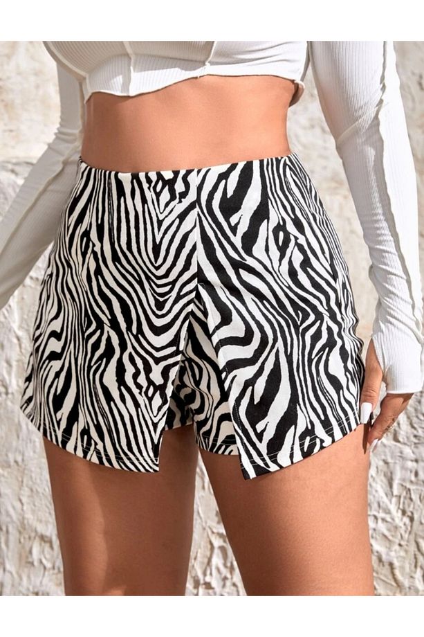 Zebra desenli büyük beden tek yırtmaçlı şort etek - 2