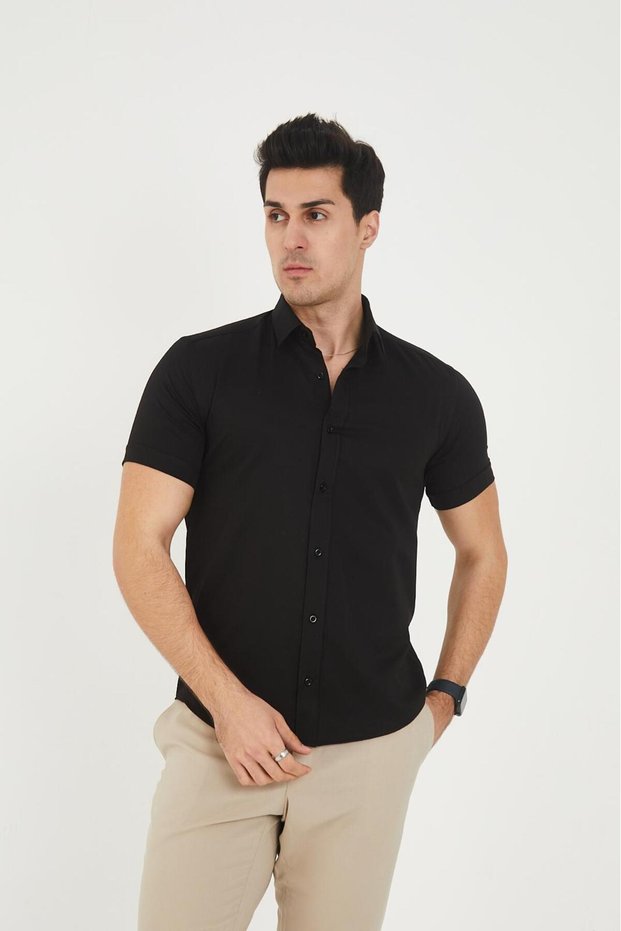Short Sleeve Black Tight Fit Cotton, Lycra, Slim Fit Men's Shirt