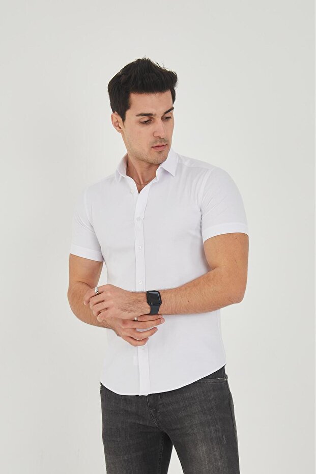 Short Sleeve White Tight Fit Cotton, Lycra, Slim Fit Men's Shirt