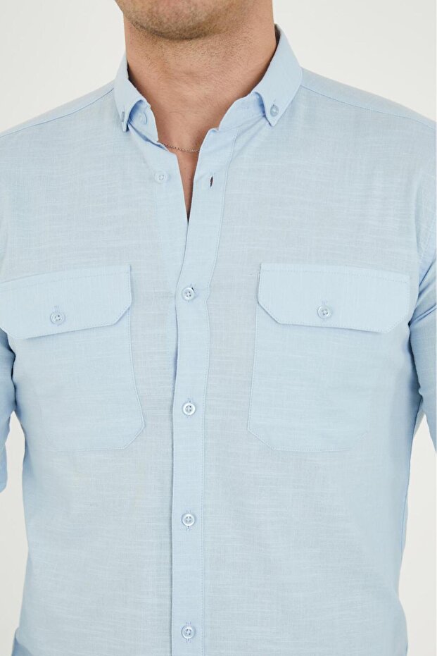 Double Pocket Flap Lycra Cotton Linen Texture Slim Fit Men's Shirt