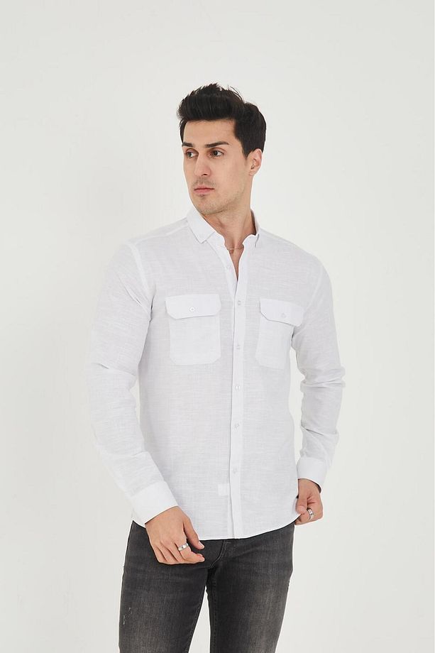 Çift Cep Kapaklı Likra Pamuk Keten Doku Slim Fit Erkek Gömlek - 3