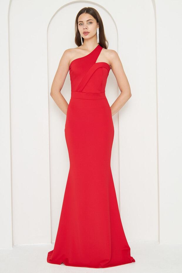 Red Flexible Diving Fabric Cross Neck Strap Design Evening Dress 582211