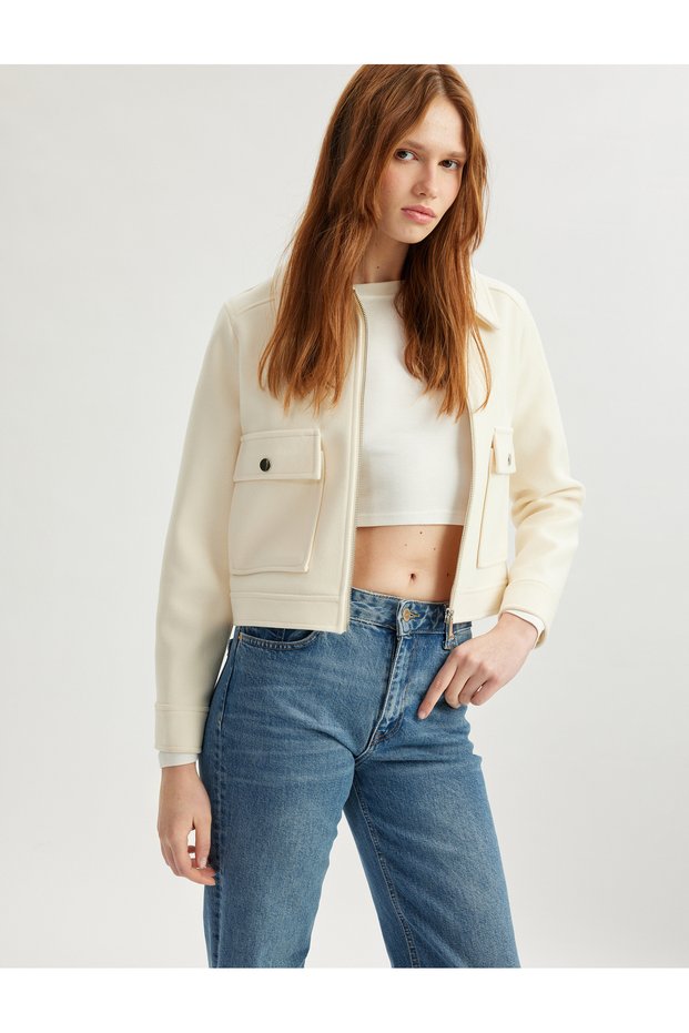 Long Sleeve Zip-Up Double Breasted Short Jacket with Flap Pocket Detail