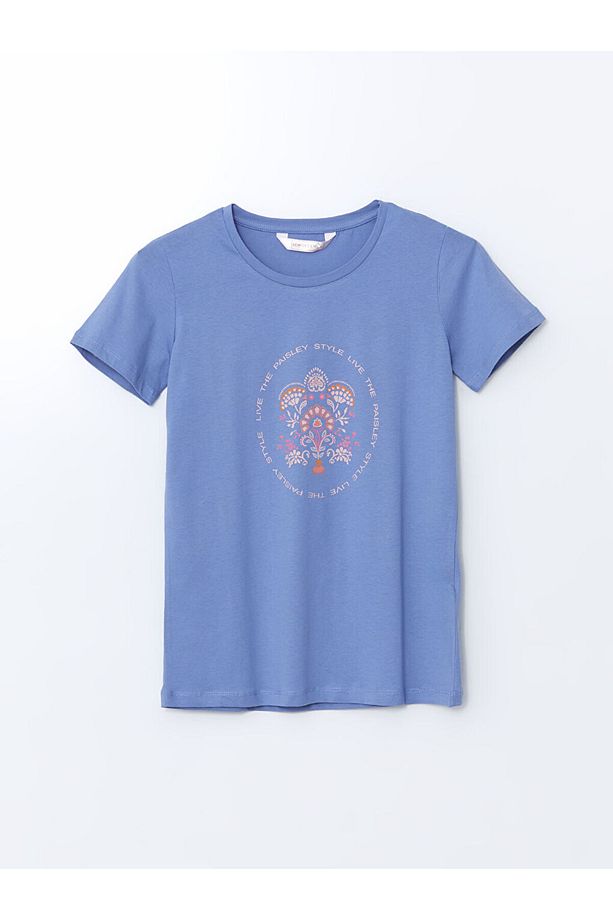 LCW DREAM Mavi Bisiklet Yaka Baskılı Kadın Şortlu Pijama Takımı - 6