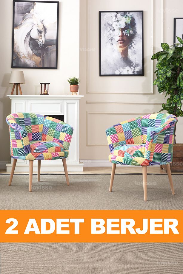 Patchwork Berjer Set - 2 Adet, Tekli Koltuk, Ofis, Balkon, Bekleme, Çay Seti - 2