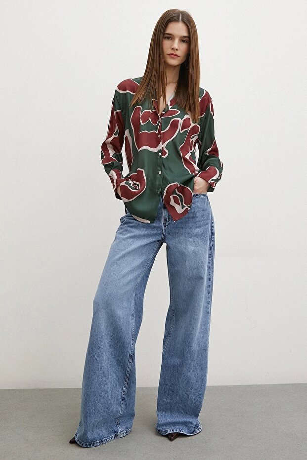 Baskılı Saten Gömlek Mor - 4