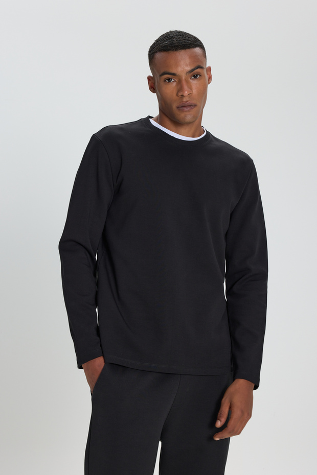 Men's Black Slim Fit Slim Fit Crew Neck Long Sleeve Stretchy T-Shirt