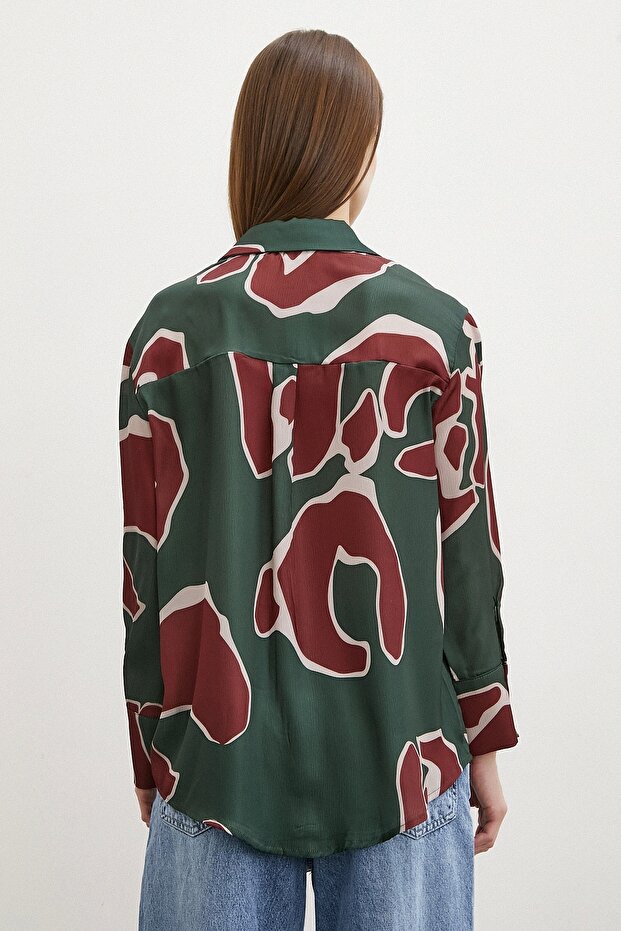 Baskılı Saten Gömlek Mor - 3