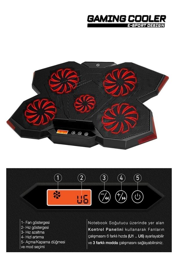 Fnc-5255b Gp5 E-sport Design 5 Fanlı Ledli Lcd Kontrol Panelli 15-17" Pro Standlı Notebook Soğutucu - 3