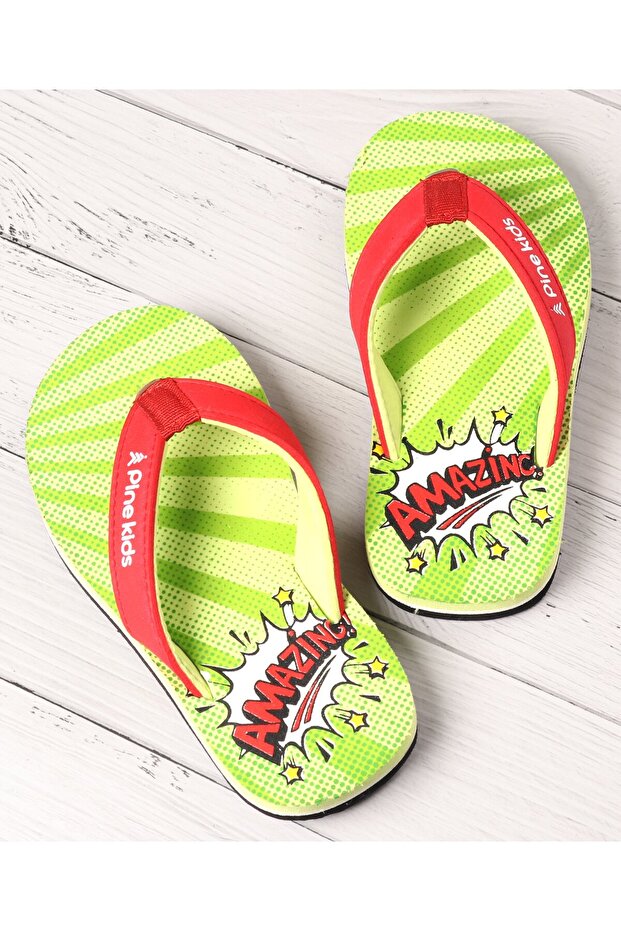 حذاء Pine Kids Flip Flops بطبعة نصية - أخضر وأحمر