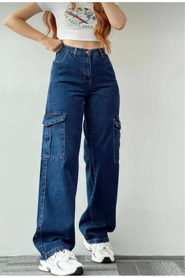 Women's Blue Cargo Pocket Palazzo Wide Leg (have in images our size chart)