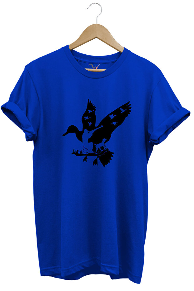 Hunting Hunting Duck Hunting Dog and Hunter Printed 100% Cotton Regular Fit Blue T-Shirt