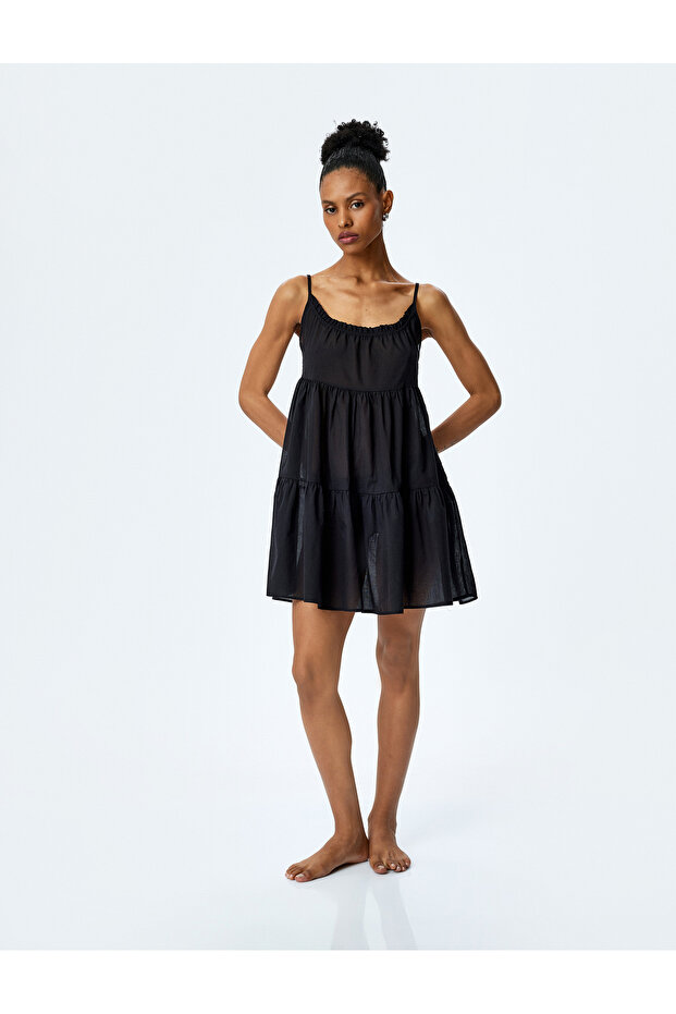 Cotton Ruffle Detailed Layered Thin Straps Mini Beach Dress
