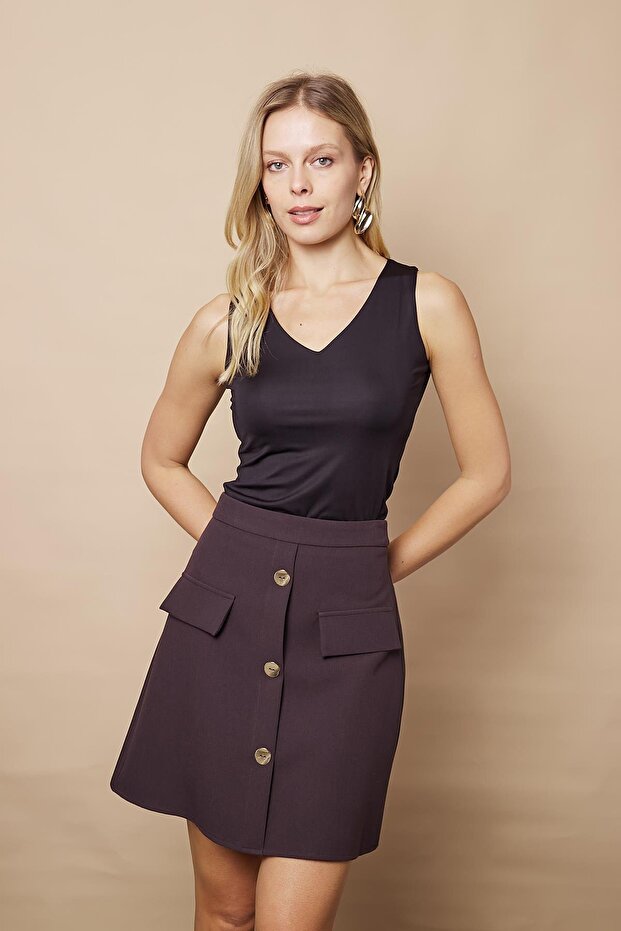 Women's Above Knee High Waist Front Buttoned Pocket Covered Lightweight Lycra Fabric Bell Skirt - Brown
