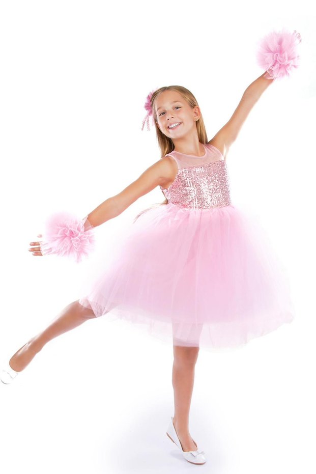 Girl's Birthday Party Dress with Pompom Sleeves Special Occasion Outfit
