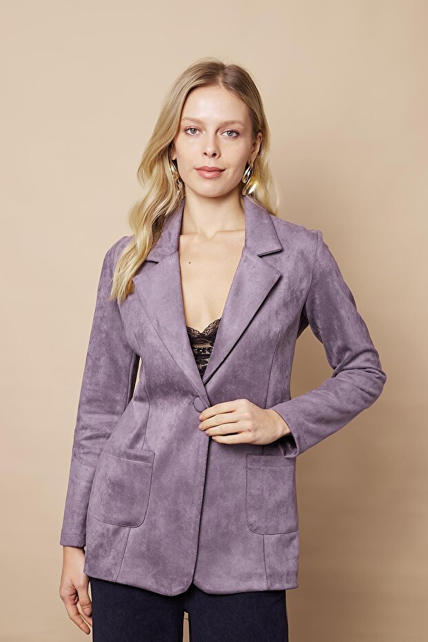 Women's Lightweight Stretch Fabric Suede Fabric Pocket Detailed Buttoned Stylish Blazer Lightweight Long Jacket-Grey