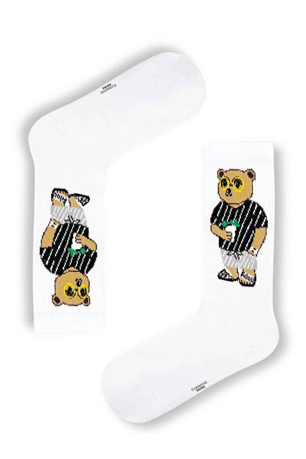 Bear Patterned White Tennis Socks - 1