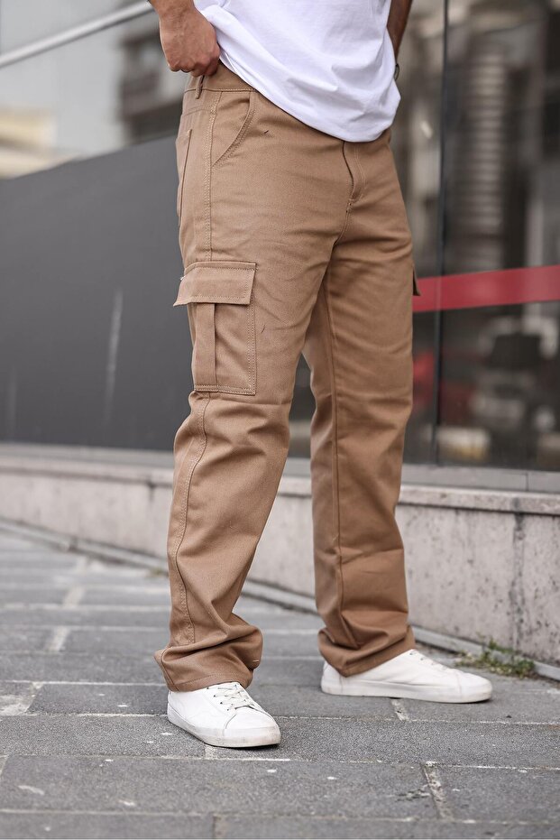 Erkek Bol Paça Kargo Cep Basic Camel Baggy Pantolon - 1