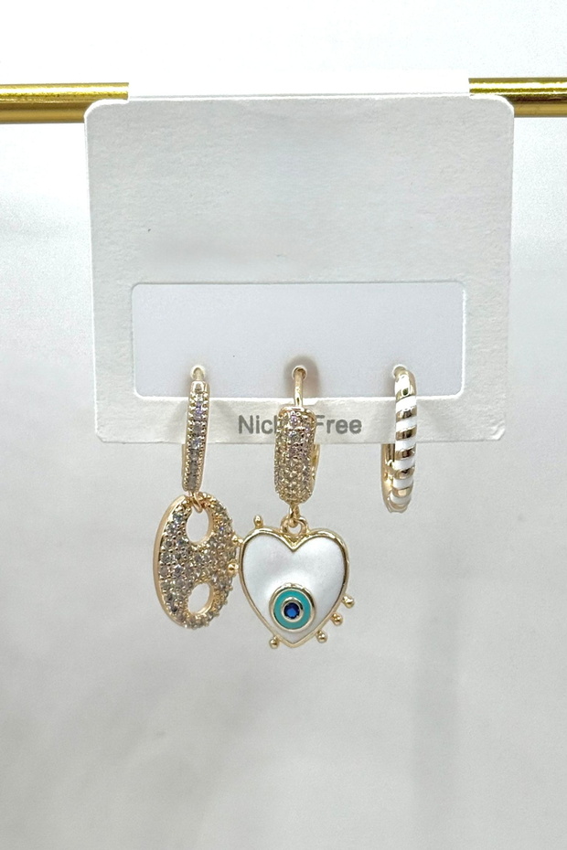 Women's Earrings Imported Special Series 3-Piece Evil Eye Bead Pattern Heart White Line Hoop Non-Tarnish Earrings