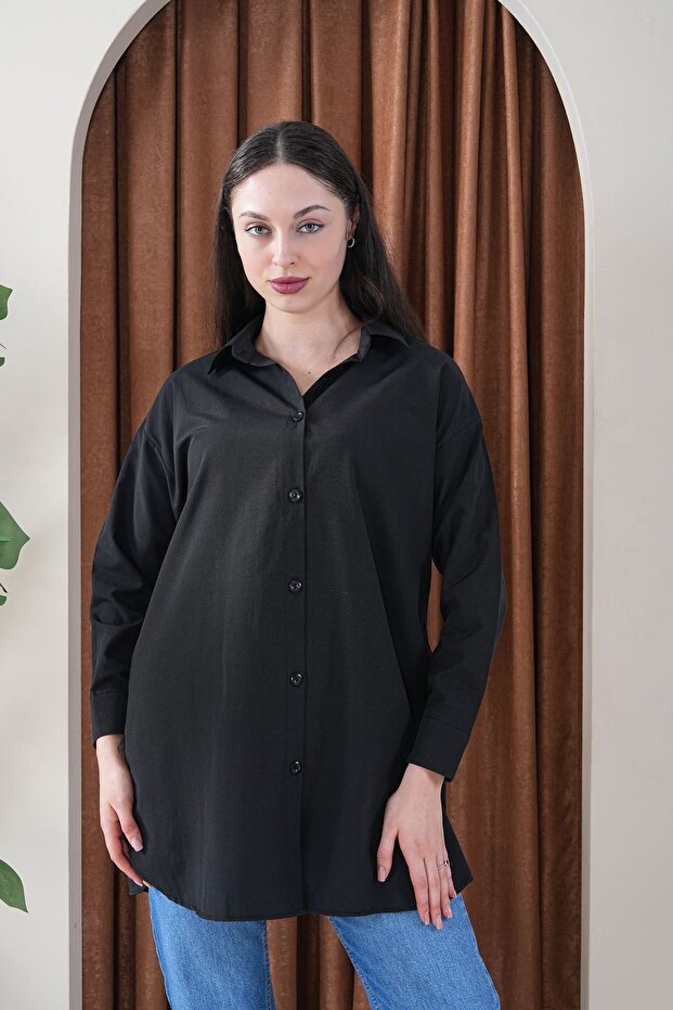 Kadın Oversize Basic Salaş Gömlek -Siyah KAT2036 - 3