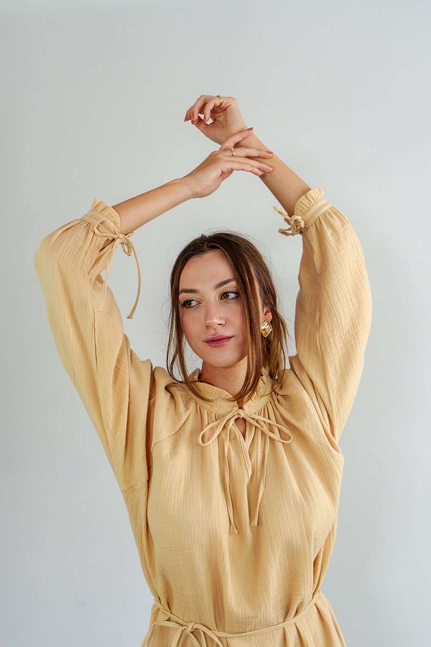Mattheola Camel Fırfırlı Uzun Müslin Elbise - 3
