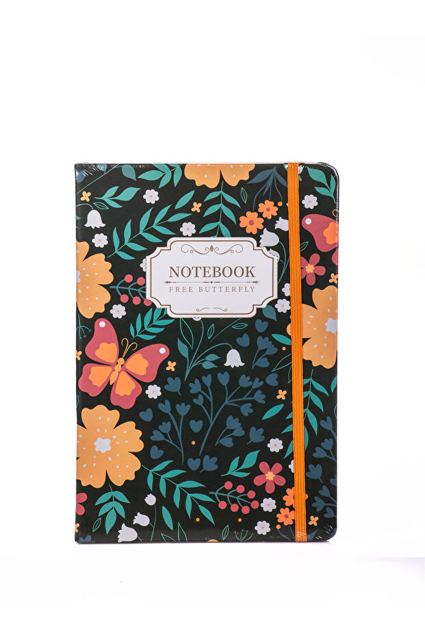 Floral Patterned Thick Cover Striped Elastic Notebook - 80 Sheets