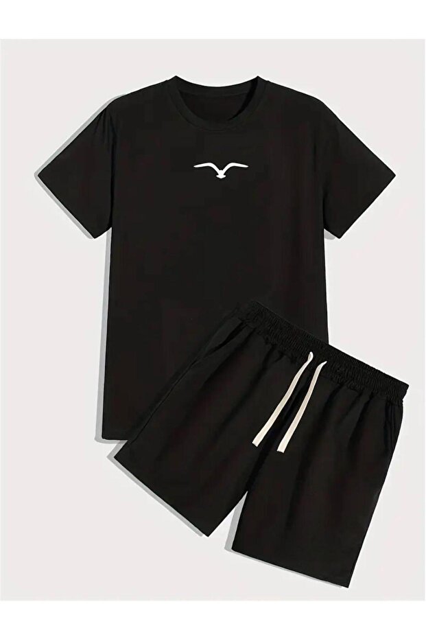 Seagull Printed T-Shirt Short Wide Leg Comfortable Fit Black Bottom Black Top Short Set