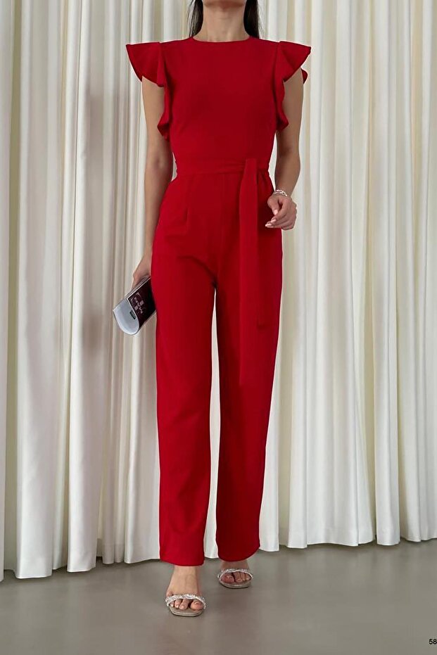 Red Crepe Fabric Sleeves Flywheel Detail Belted Belted Jumpsuit