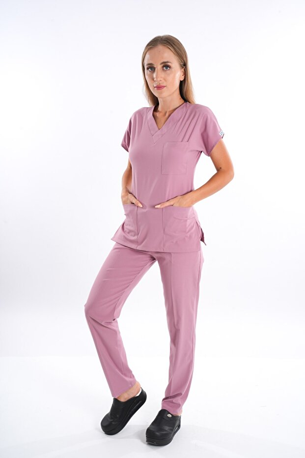 Unisex Powder Soft Lycra Doctor Scrubs Nurse Surgical Shift Suit Uniform
