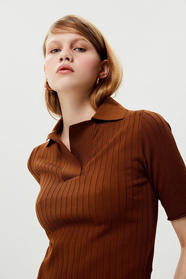 Yakalı Taba Triko Bluz - 4