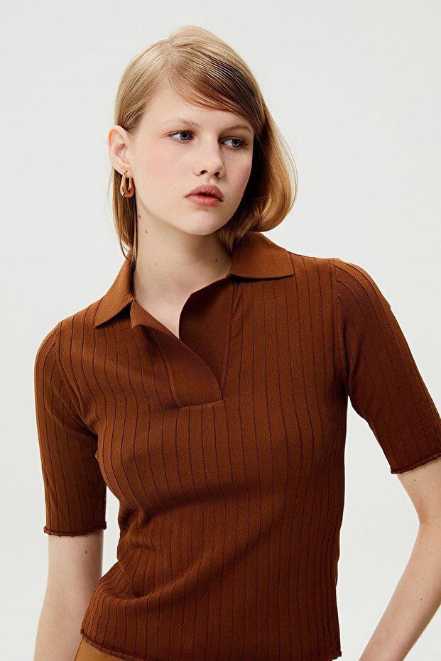 Yakalı Taba Triko Bluz - 1