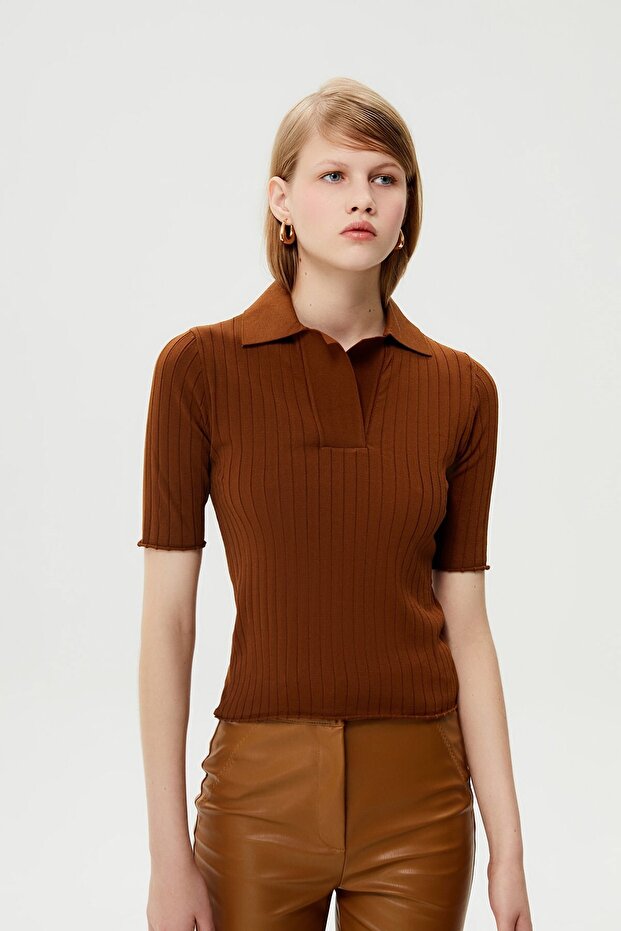 Yakalı Taba Triko Bluz - 2